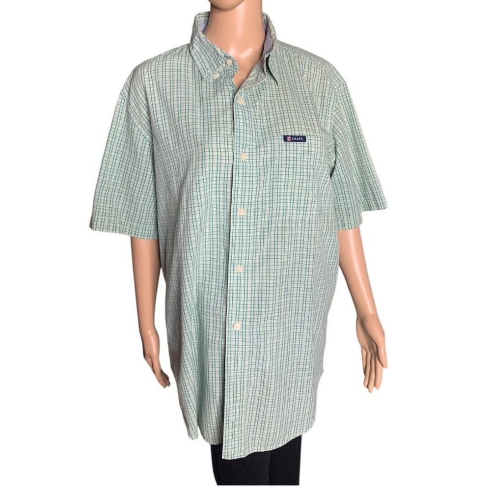 CHAPS Easy Care Men's Large Casual Shirt Green Plaid Button Down Short Sleeves